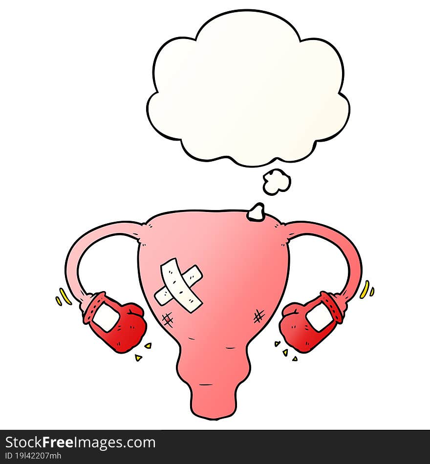 cartoon beat up uterus with boxing gloves and thought bubble in smooth gradient style