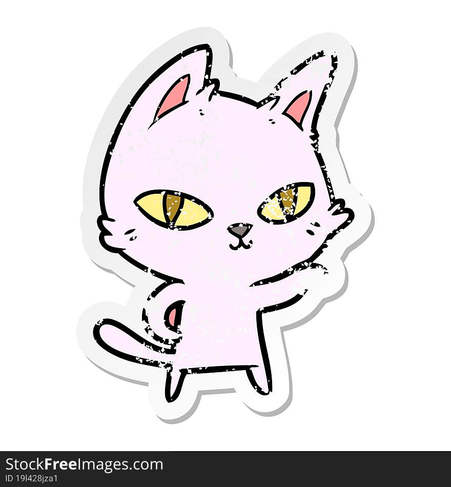 distressed sticker of a cartoon cat staring