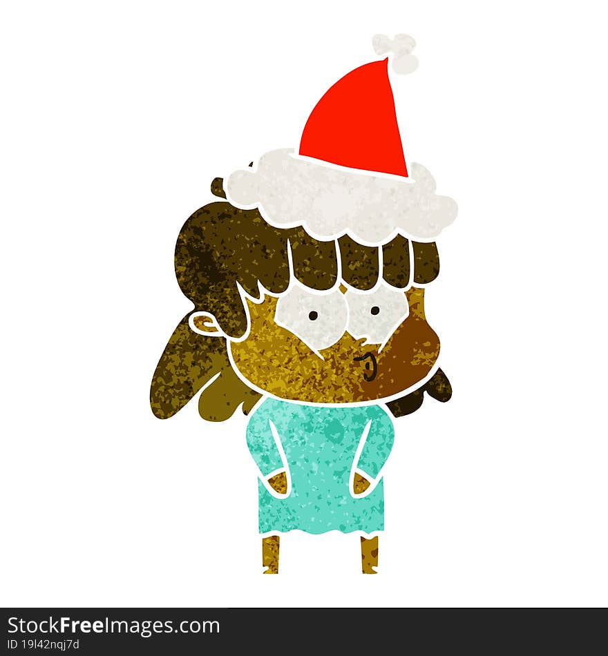 retro cartoon of a whistling girl wearing santa hat