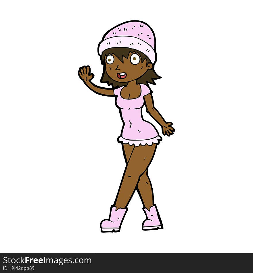 cartoon pretty girl in hat waving