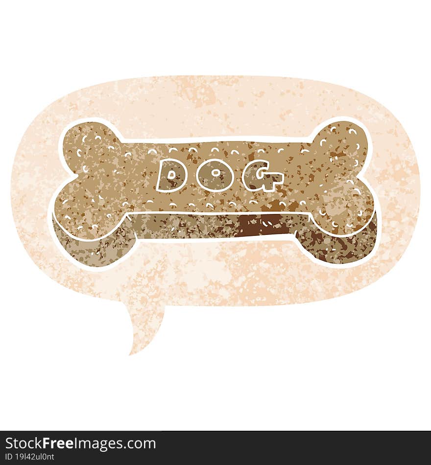 cartoon dog biscuit and speech bubble in retro textured style