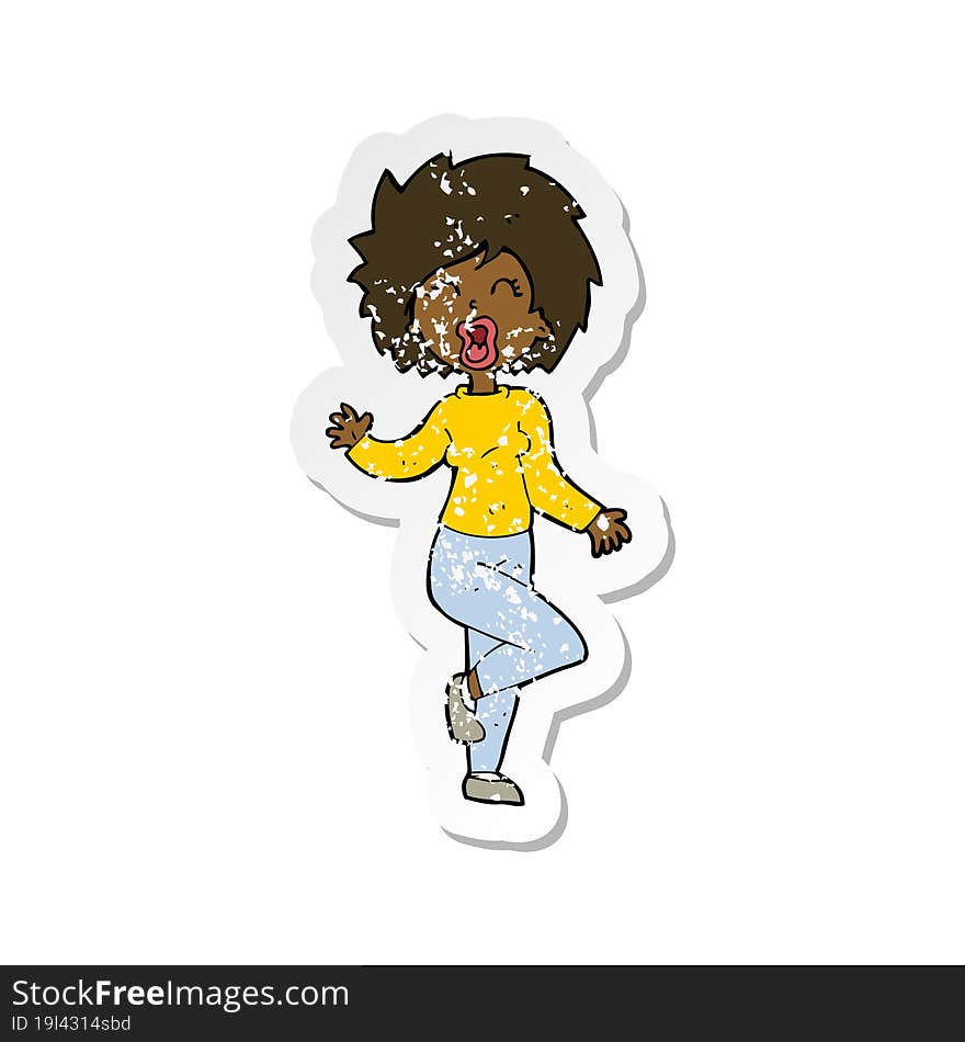 Retro Distressed Sticker Of A Cartoon Woman Dancing