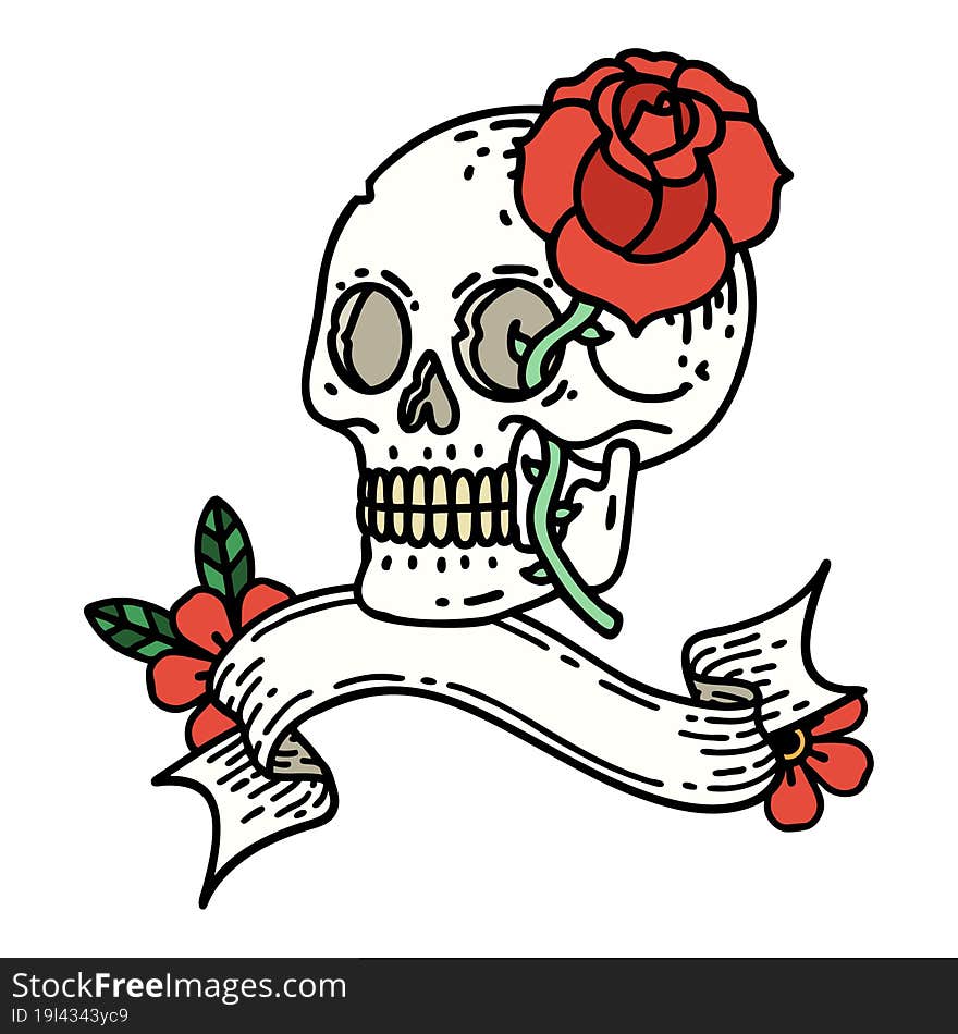 tattoo with banner of a skull and rose