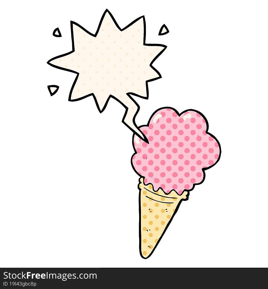 cartoon ice cream and speech bubble in comic book style