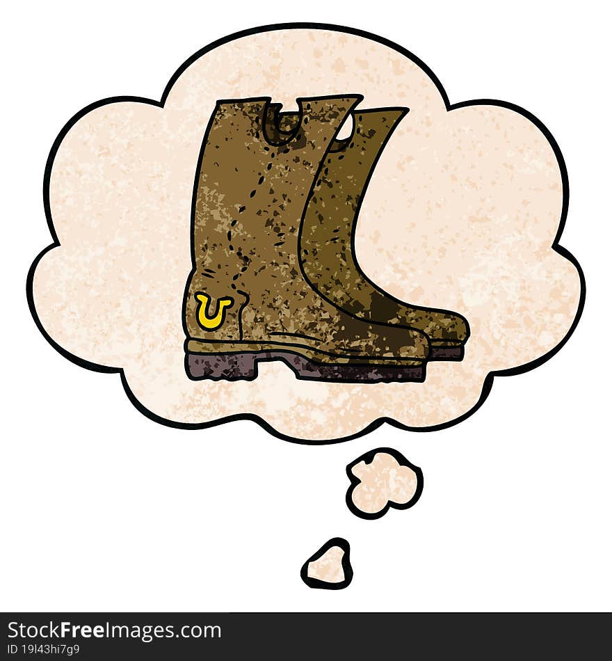 cartoon cowboy boots and thought bubble in grunge texture pattern style