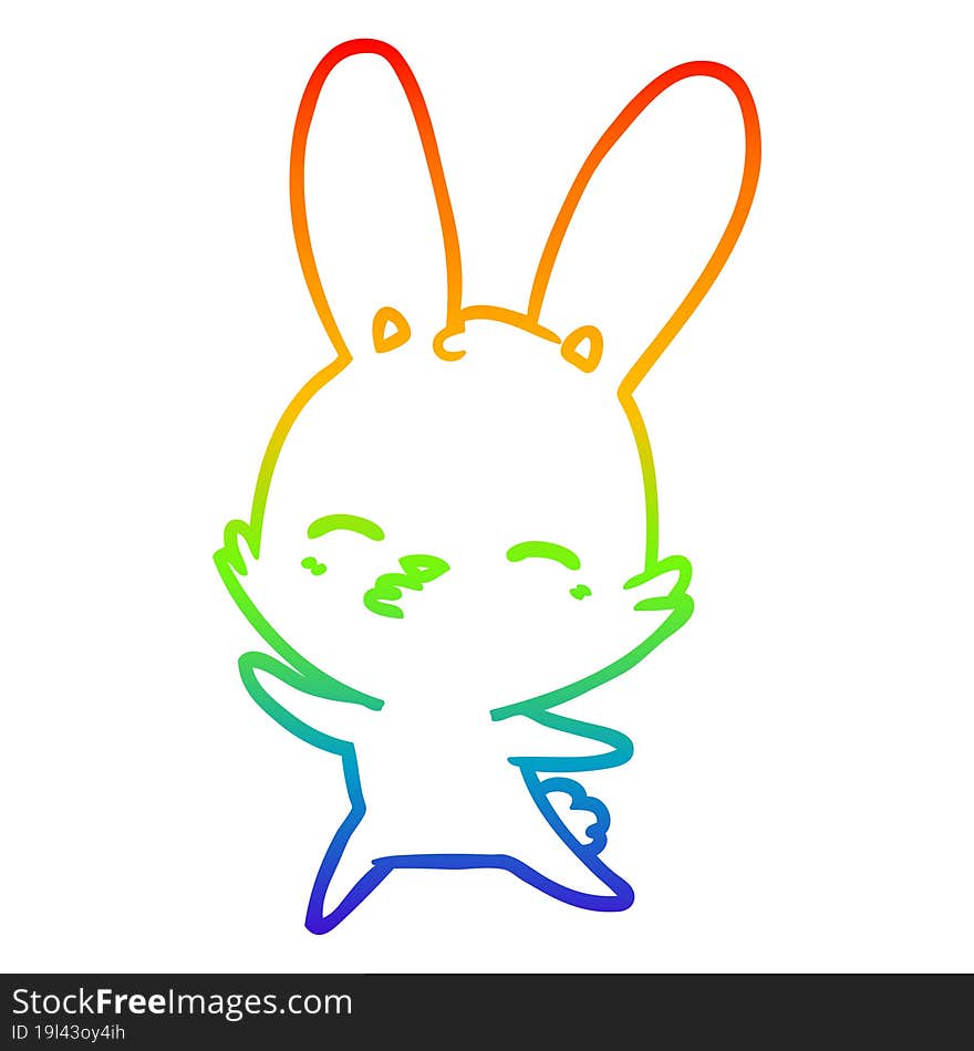 rainbow gradient line drawing of a curious waving bunny cartoon