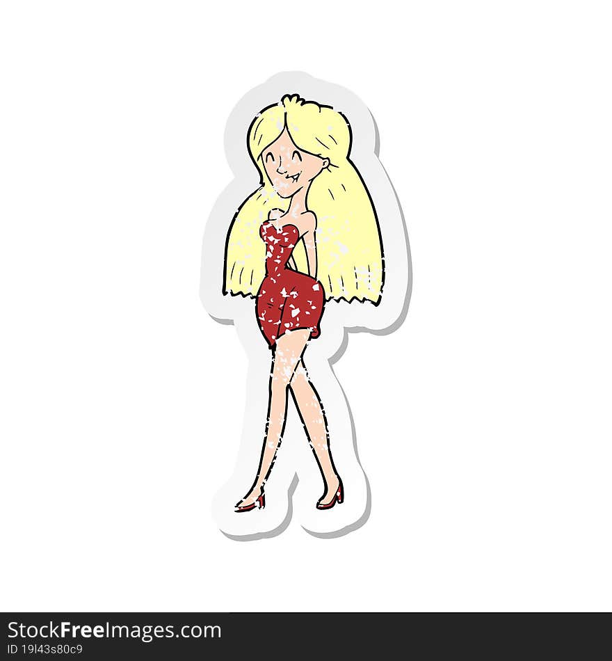 retro distressed sticker of a cartoon woman in dress