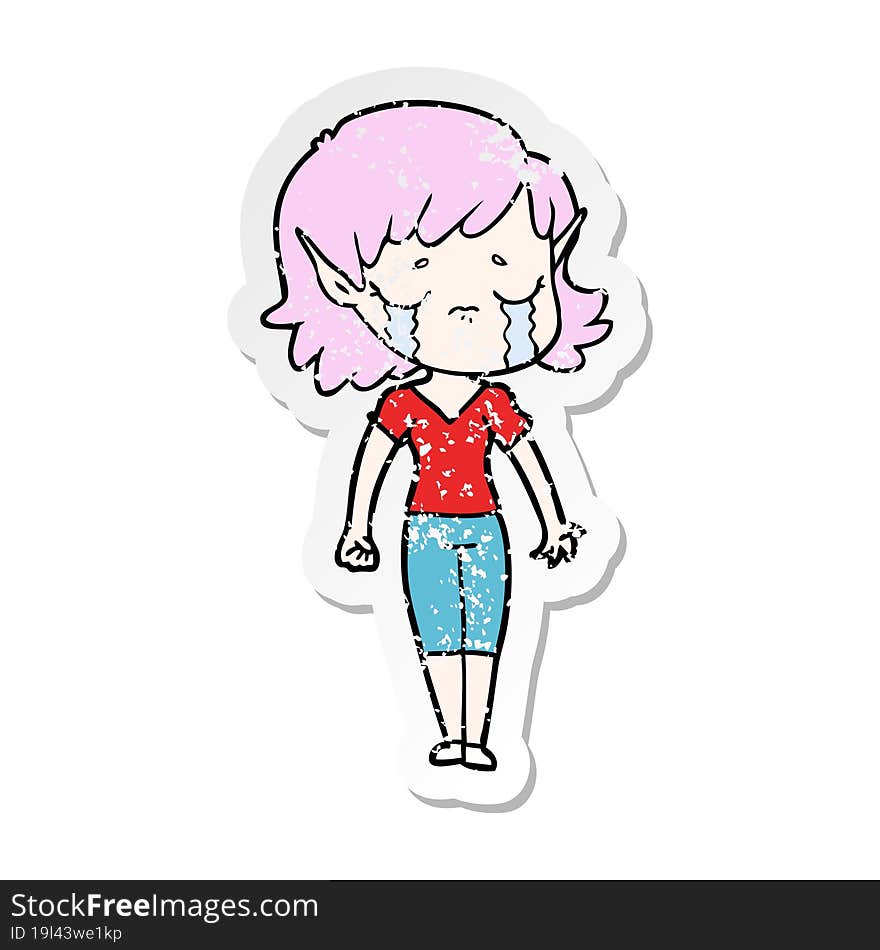 distressed sticker of a crying cartoon elf girl