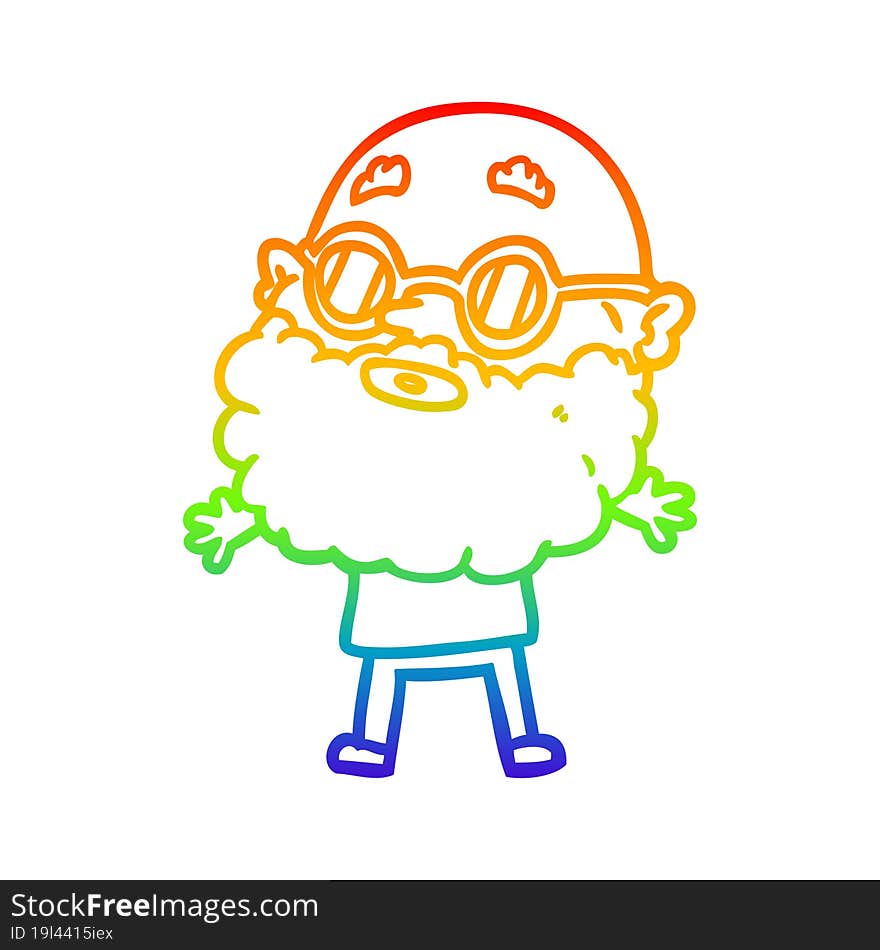 rainbow gradient line drawing of a cartoon curious man with beard and sunglasses