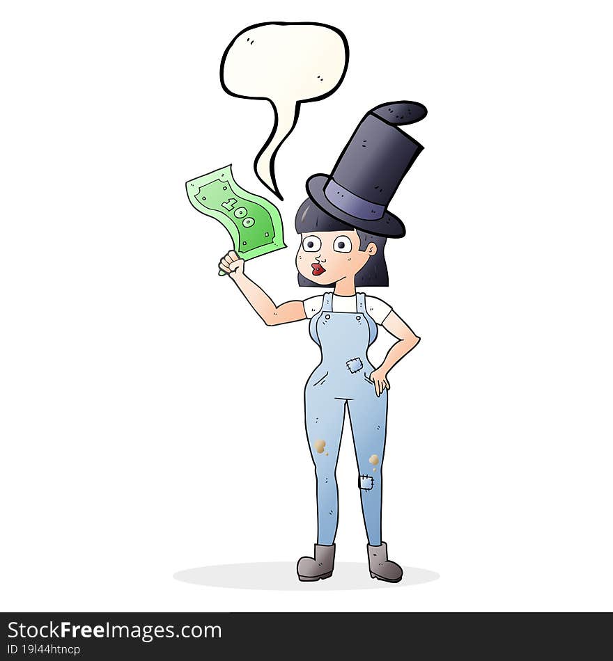 speech bubble cartoon woman holding on to money