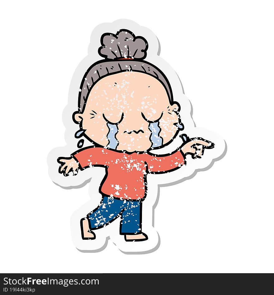 distressed sticker of a cartoon crying old lady