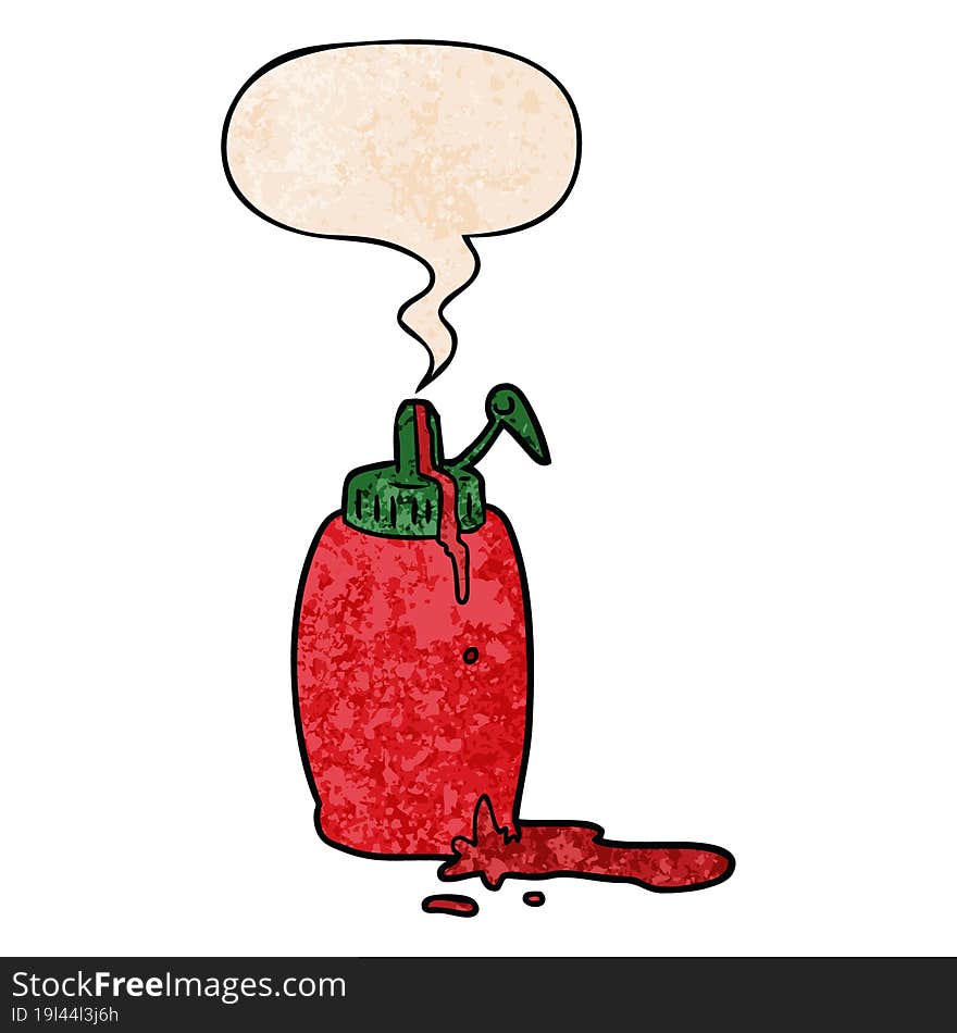 cartoon tomato ketchup bottle and speech bubble in retro texture style