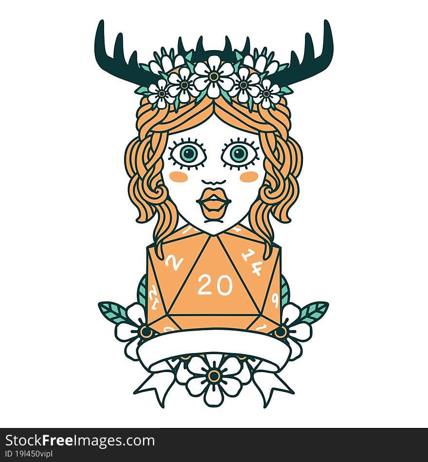 human druid with natural 20 dice roll illustration