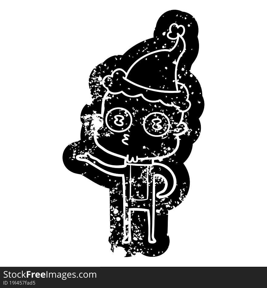 cartoon distressed icon of a weird bald spaceman wearing santa hat