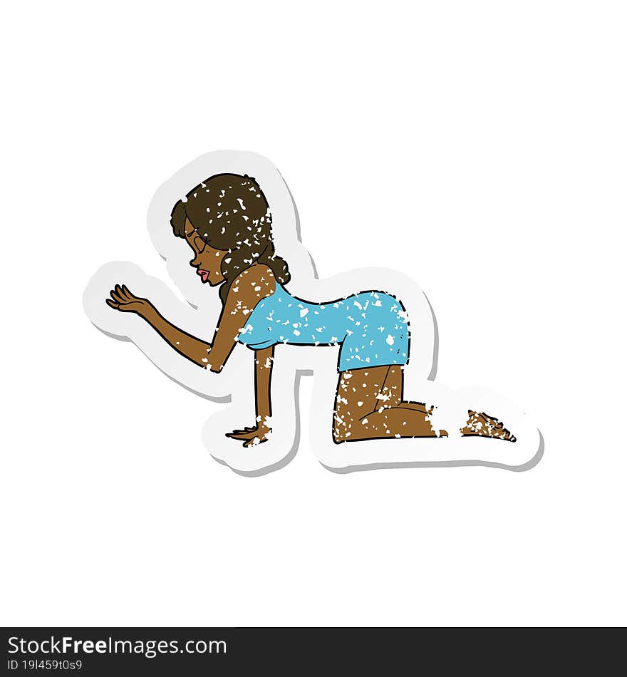 retro distressed sticker of a cartoon woman on all fours