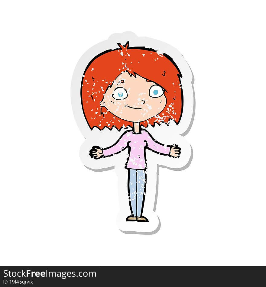 retro distressed sticker of a cartoon woman shrugging shoulders