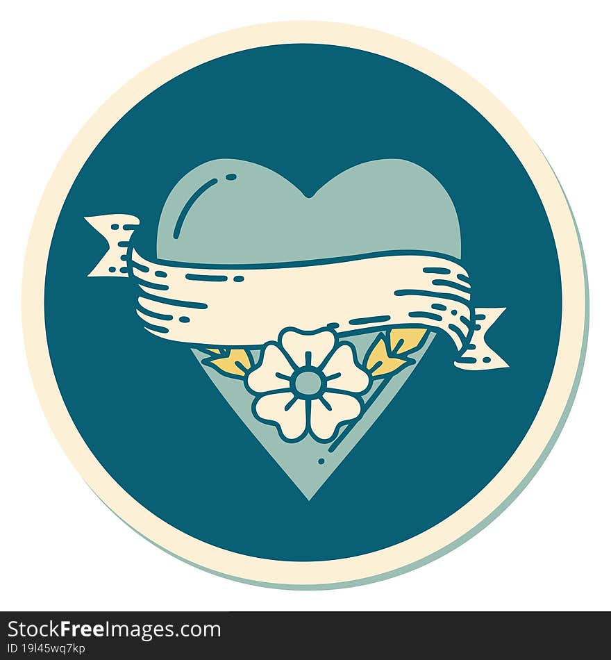 sticker of tattoo in traditional style of a heart flower and banner. sticker of tattoo in traditional style of a heart flower and banner