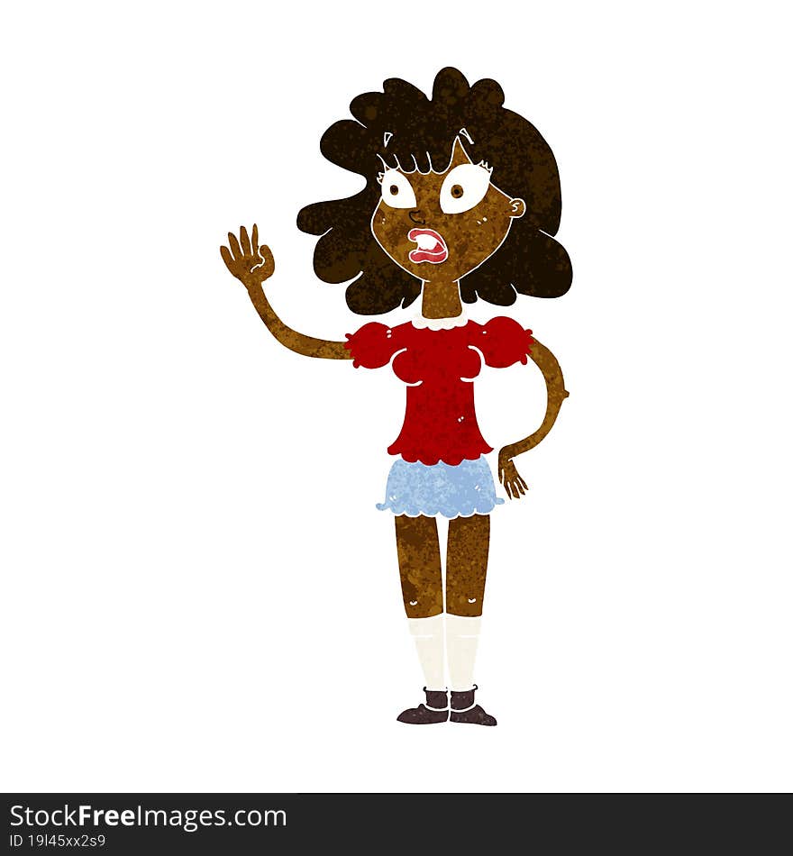 cartoon worried woman waving