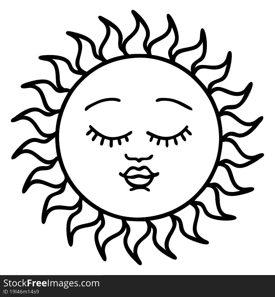 black line tattoo of a sun with face