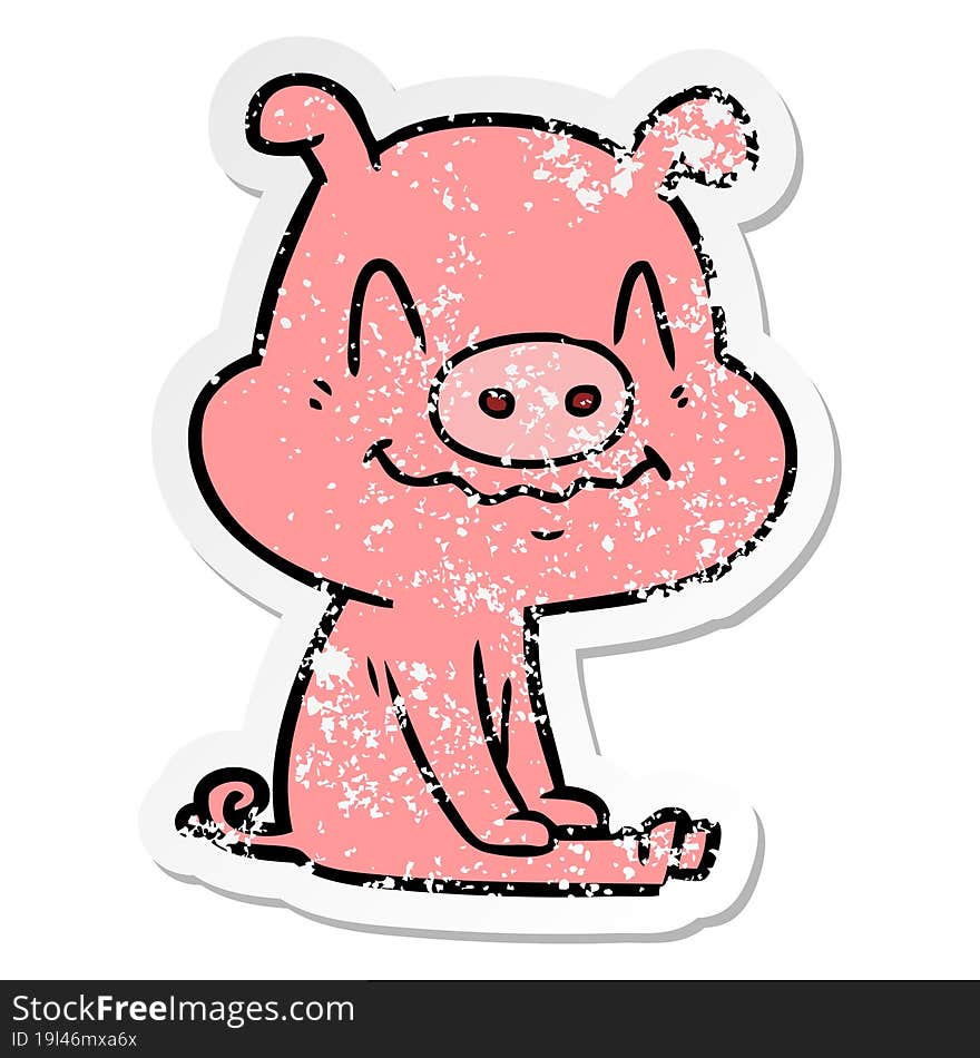 distressed sticker of a nervous cartoon pig sitting