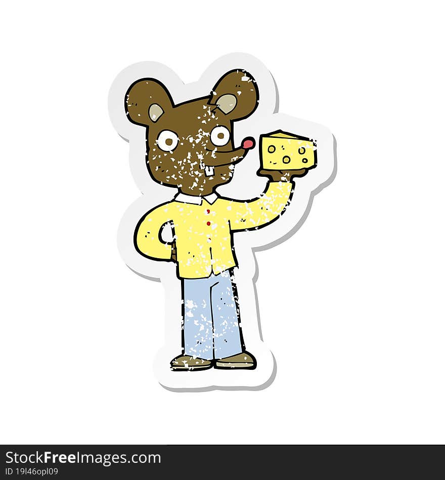 retro distressed sticker of a cartoon mouse holding cheese