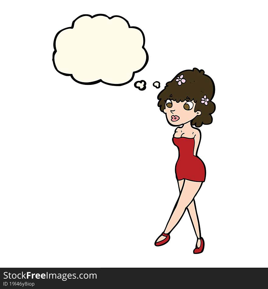 Cartoon Woman Posing In Dress With Thought Bubble