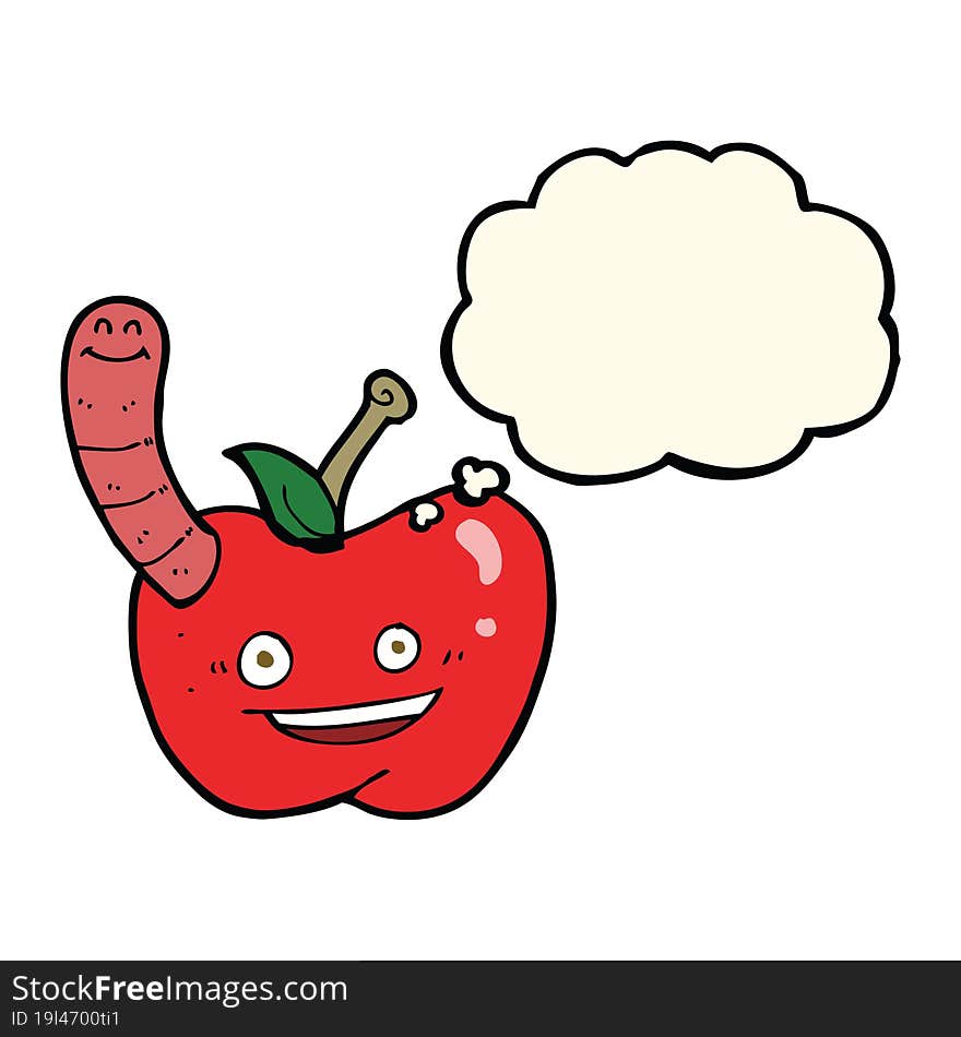 cartoon apple with worm with thought bubble