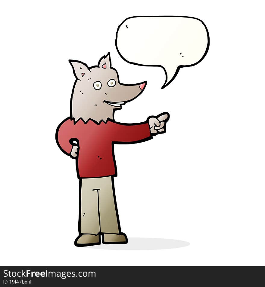 cartoon wolf man pointing with speech bubble