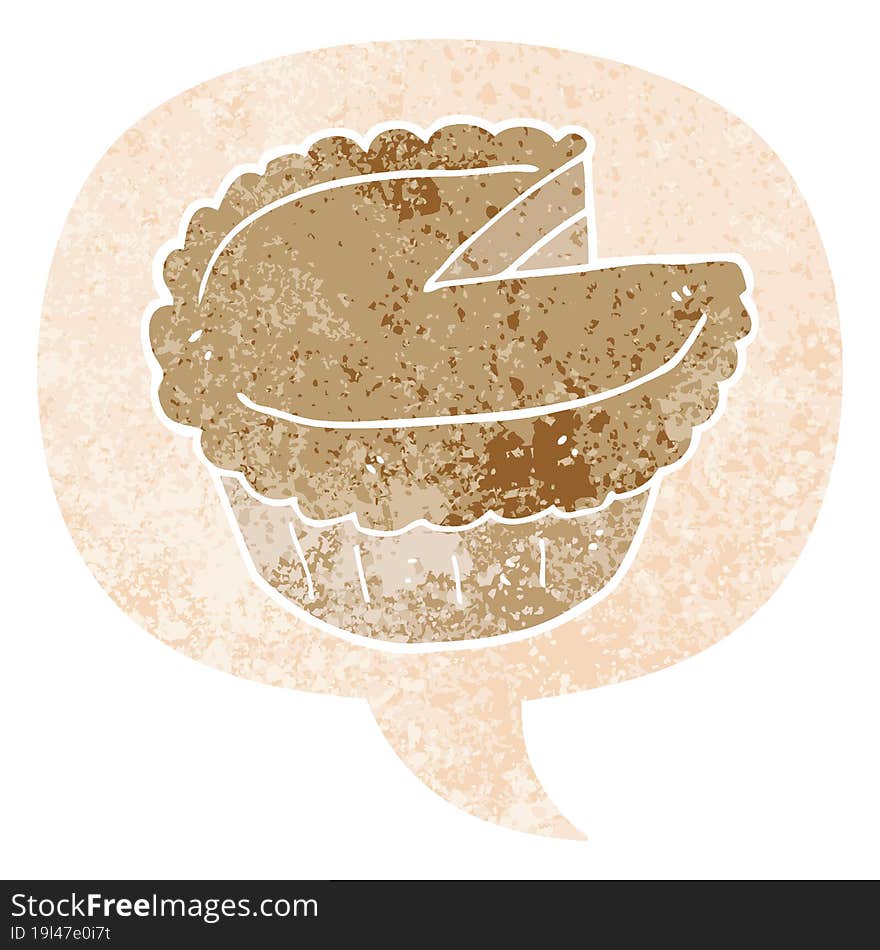 cartoon pie and speech bubble in retro textured style