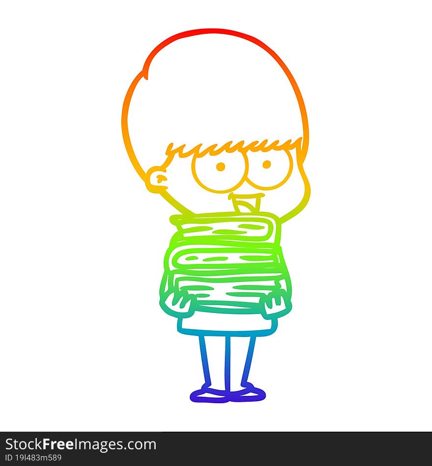 rainbow gradient line drawing happy cartoon boy holding books