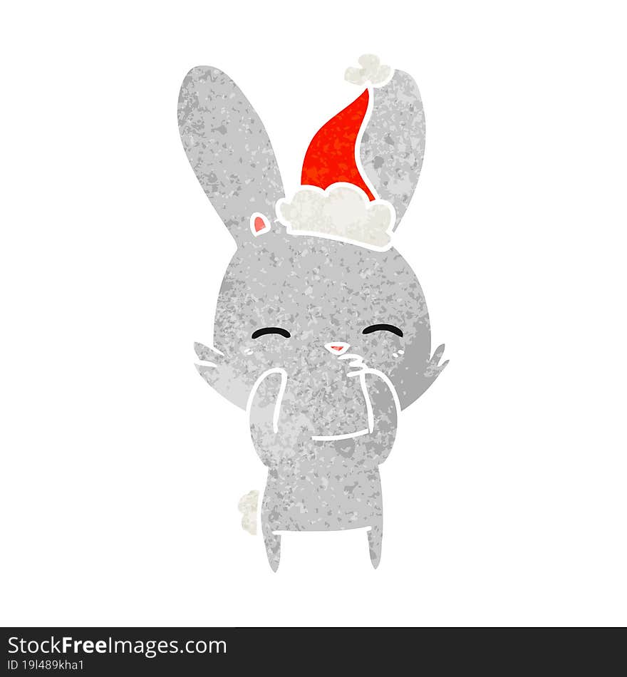 curious bunny hand drawn retro cartoon of a wearing santa hat. curious bunny hand drawn retro cartoon of a wearing santa hat