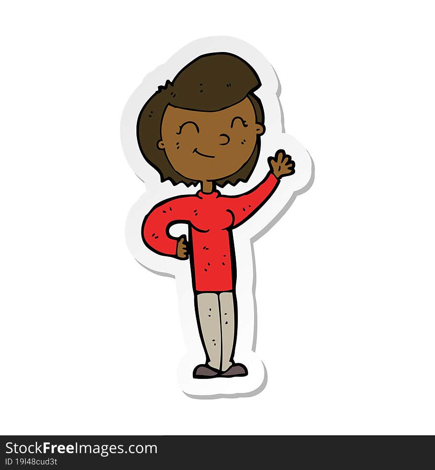 sticker of a cartoon friendly waving woman