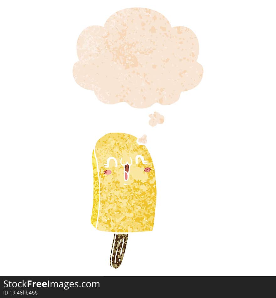 cartoon frozen ice lolly with thought bubble in grunge distressed retro textured style. cartoon frozen ice lolly with thought bubble in grunge distressed retro textured style