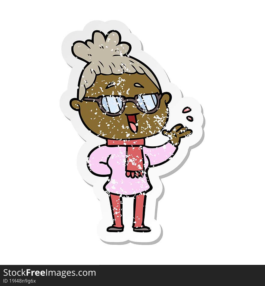 distressed sticker of a cartoon happy woman wearing spectacles