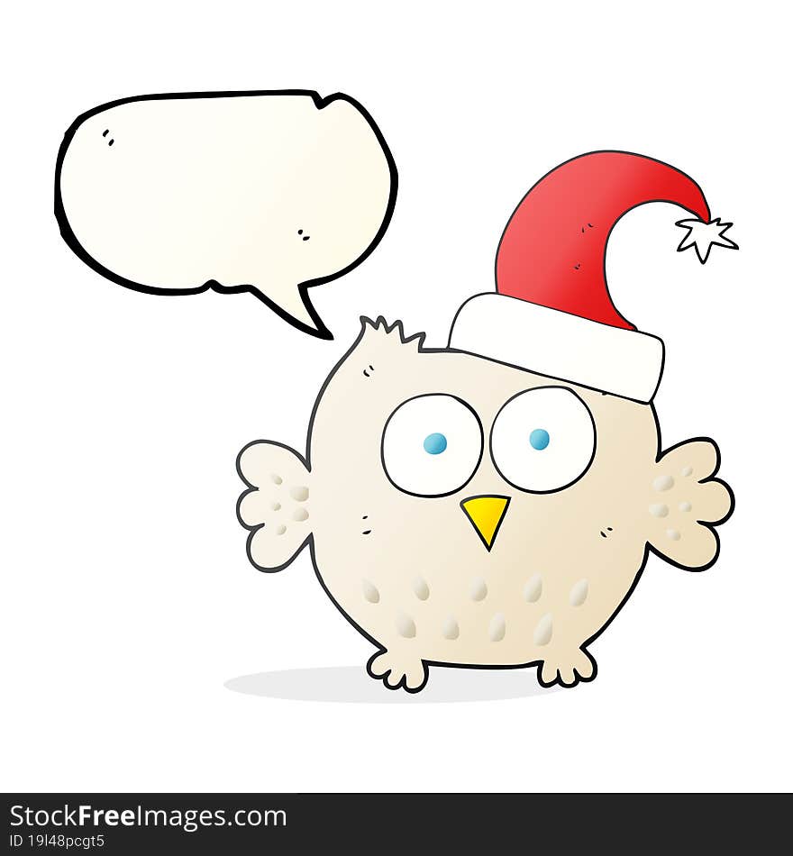 freehand drawn speech bubble cartoon little owl wearing christmas hat