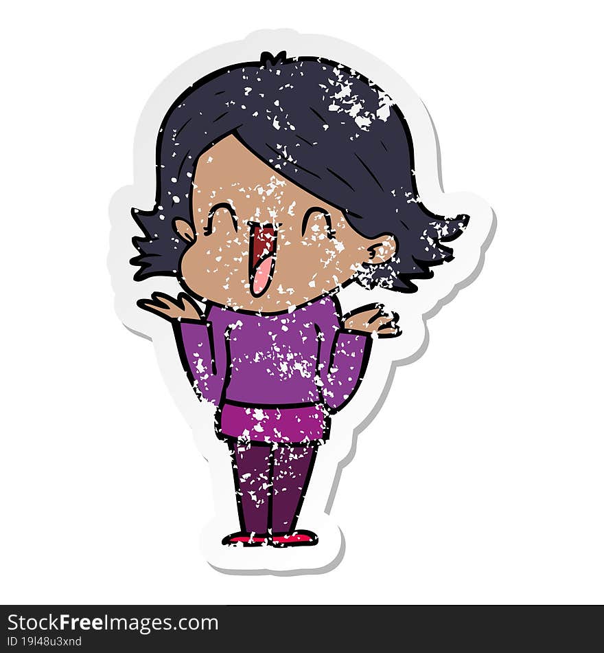 distressed sticker of a cartoon happy woman