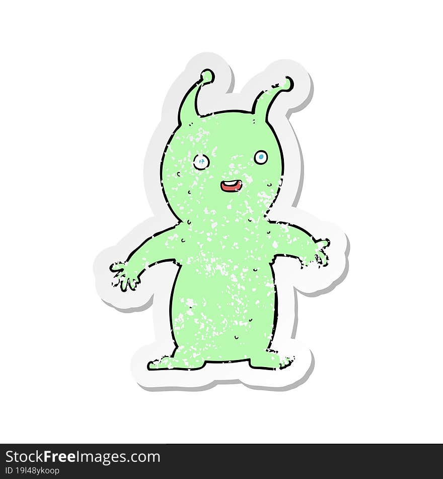 retro distressed sticker of a cartoon happy little alien