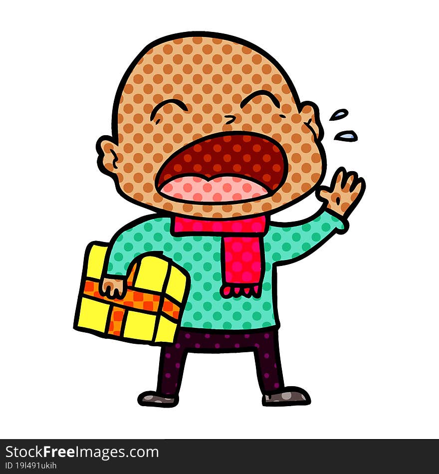 cartoon shouting bald man with present. cartoon shouting bald man with present