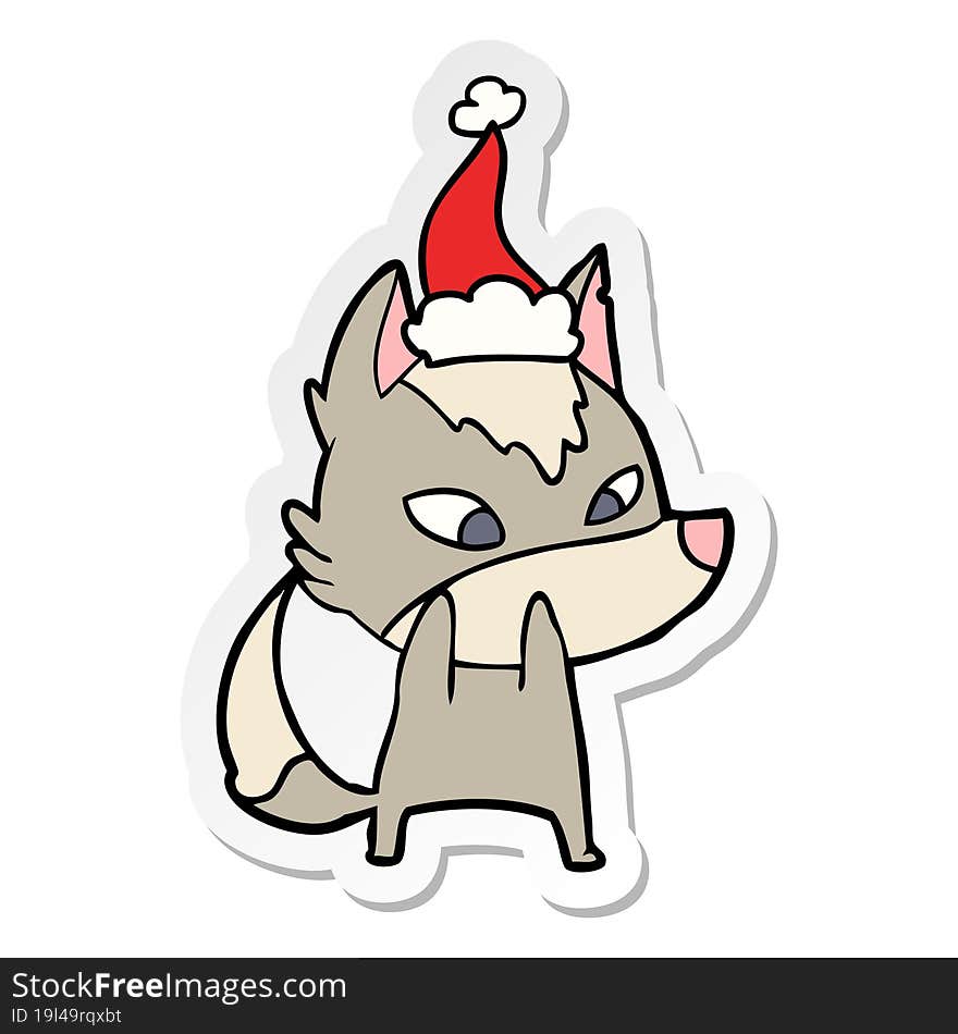 Shy Sticker Cartoon Of A Wolf Wearing Santa Hat