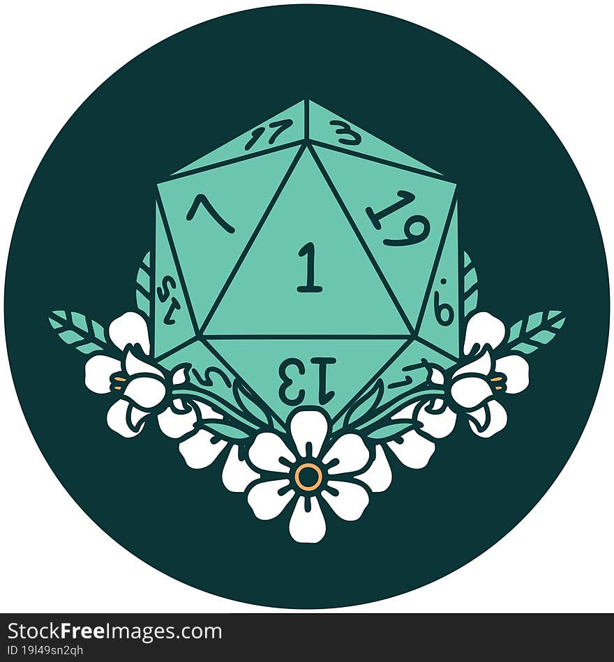 natural one dice roll with floral elements icon