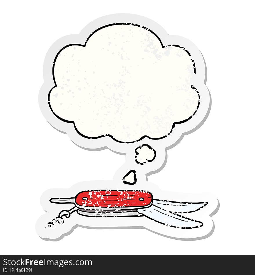 cartoon pocket knife and thought bubble as a distressed worn sticker