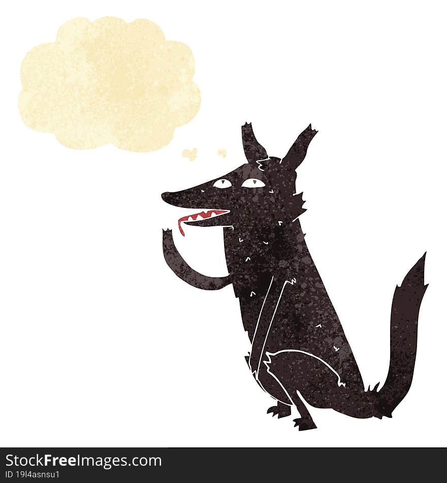 cartoon wolf licking paw with thought bubble