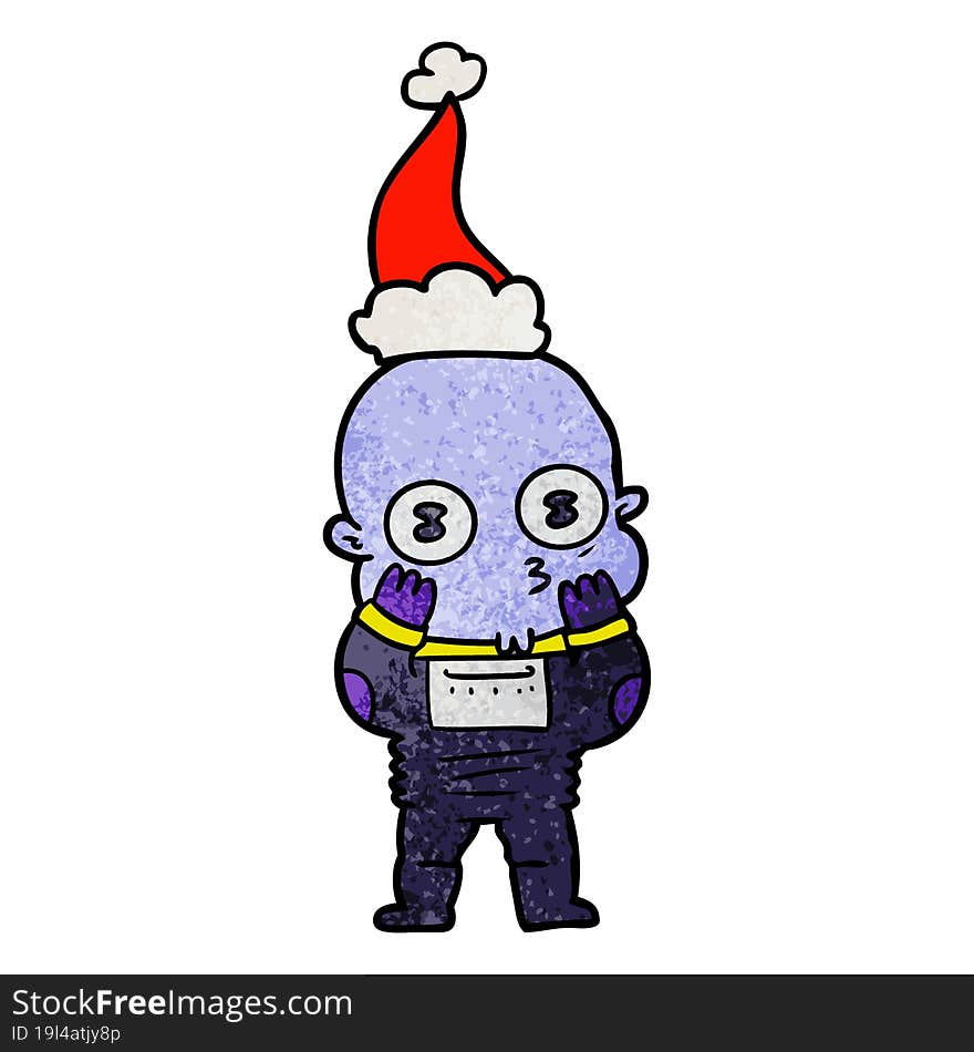 textured cartoon of a weird bald spaceman wearing santa hat