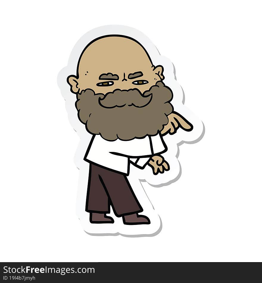 sticker of a cartoon man with beard frowning and pointing