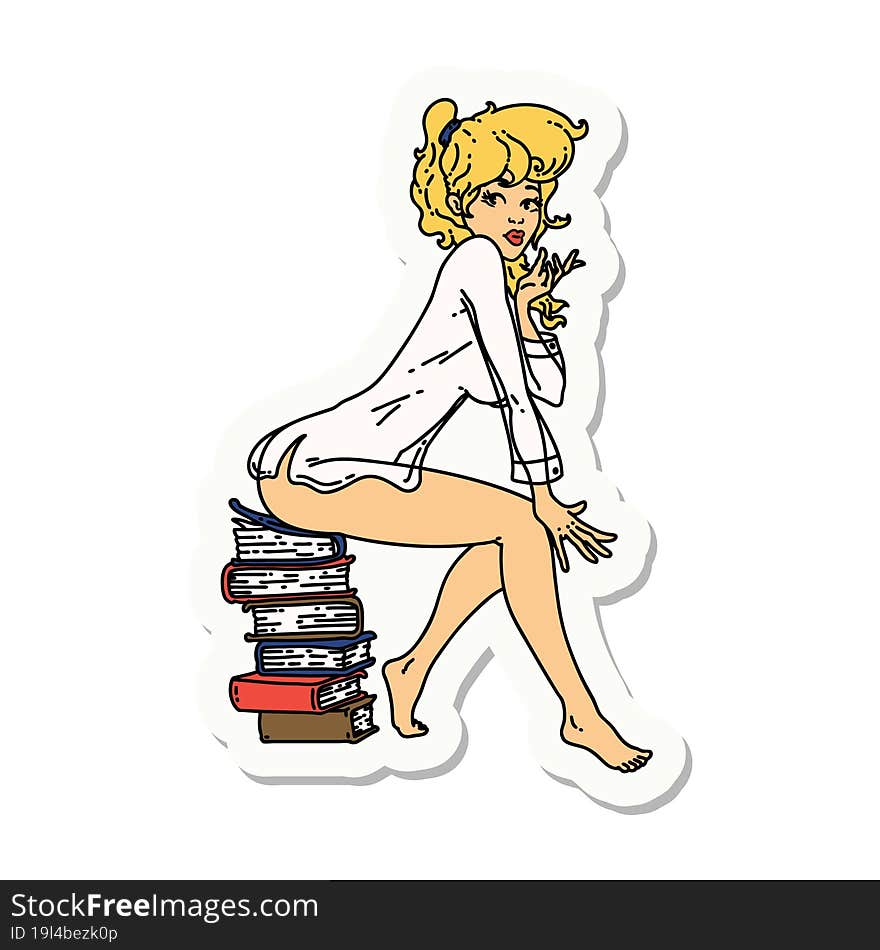 tattoo style sticker of a pinup girl sitting on books