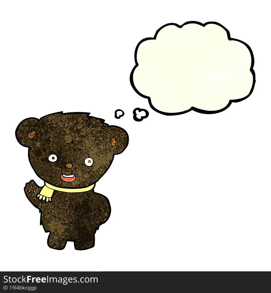 cartoon black bear waving with thought bubble