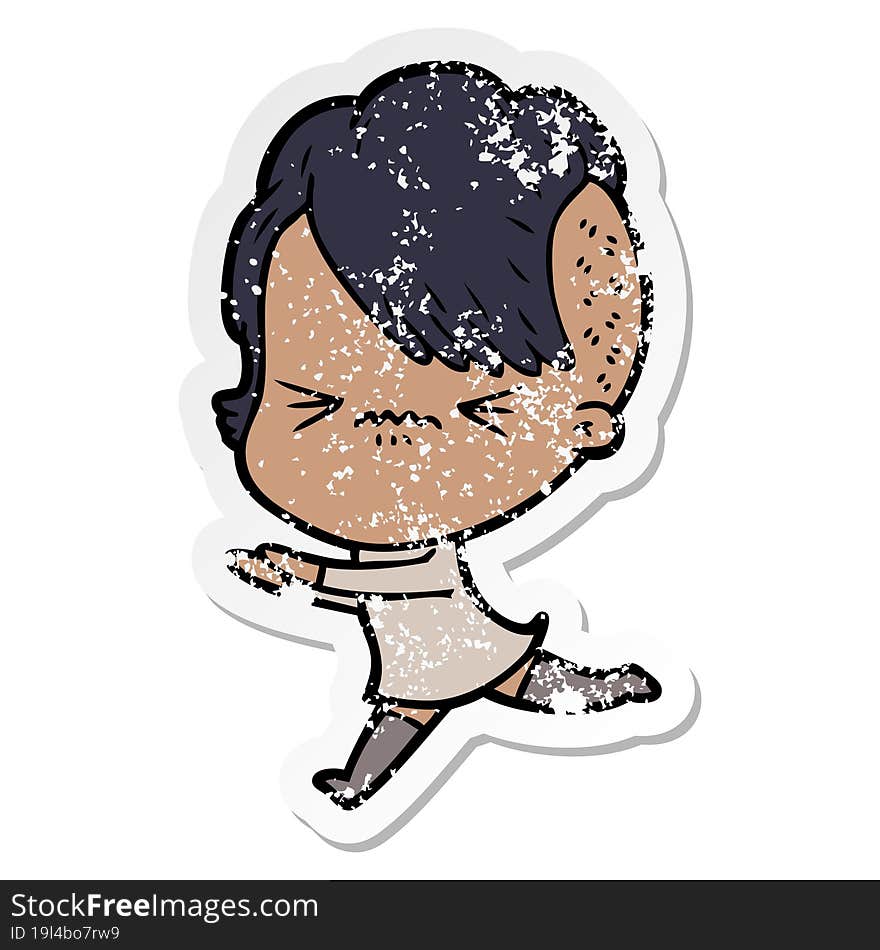 distressed sticker of a cartoon annoyed hipster girl