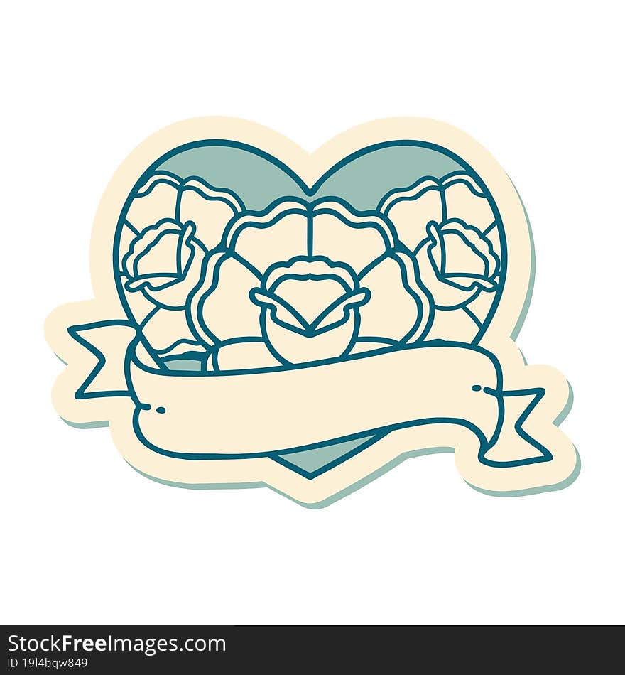 sticker of tattoo in traditional style of a heart and banner with flowers. sticker of tattoo in traditional style of a heart and banner with flowers