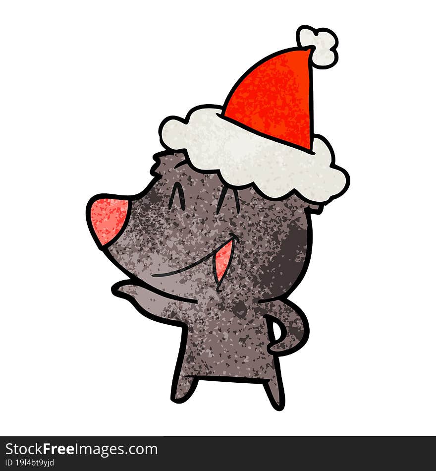 laughing bear textured cartoon of a wearing santa hat