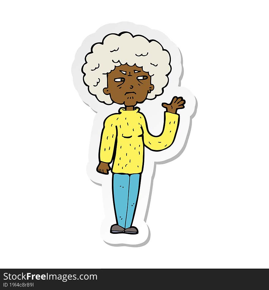 sticker of a cartoon annoyed old woman waving